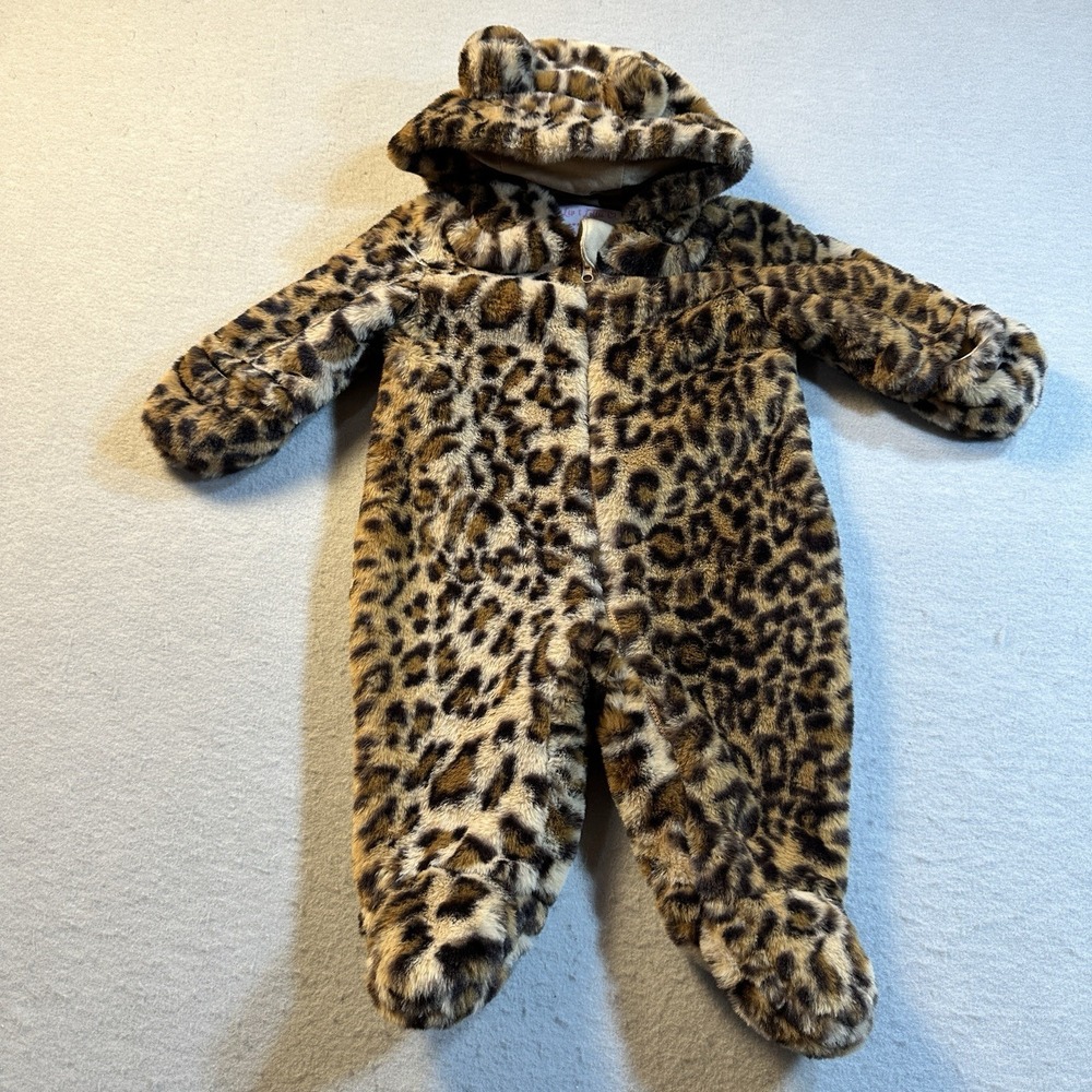 Liv & Lottie Leopard Print Bear Ears Bunting Suit Cozy Soft Zip Up Baby 6 Months
